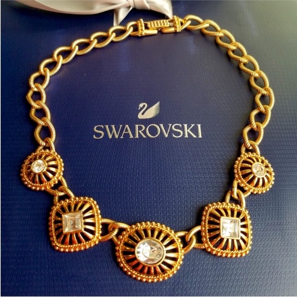 AUTHENTIC Swarovski 24k Gold Plated Chunky Statement Necklace Vintage RARE - Picture 5 of 15